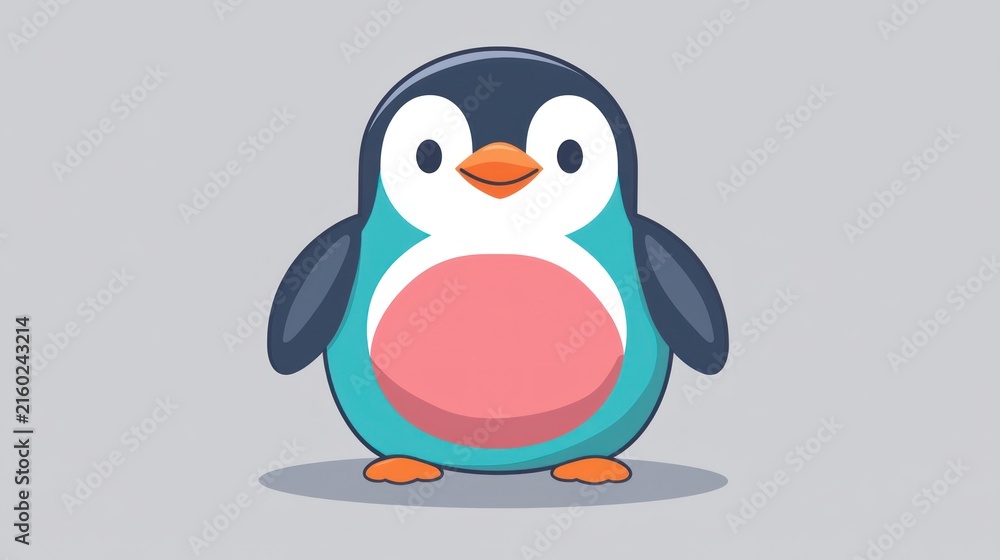 Obraz premium Cute cartoon penguin, cheerful expression, simple background, children's book illustration