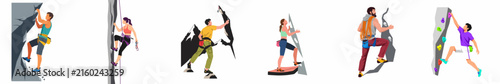Collection of diverse men and women engaged in rock climbing and bouldering, featuring flat vector illustrations isolated on a white background.