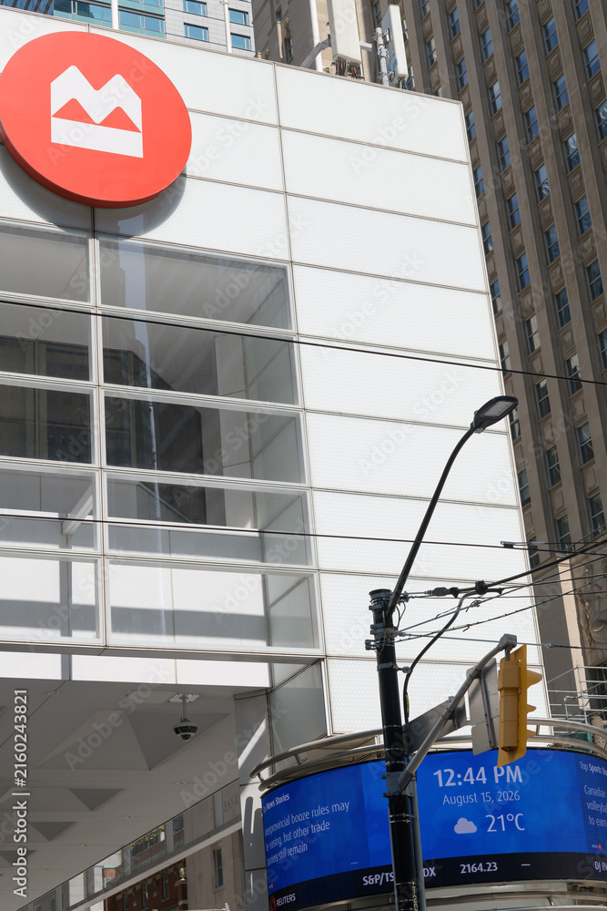 Fototapeta premium BMO corporate logo sign outside First Canadian Place at 100 King St W, northwest corner at Bay St, Toronto