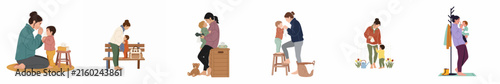 Flat vector illustrations of a mother and toddler engaged in various daily activities like gardening, playing, and relaxing together at home.