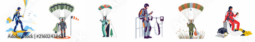 Collection of Flat Vector Illustrations Showing Different Stages of Skydiving from Gear Preparation to Landing for Extreme Sports and Adventure Concepts.