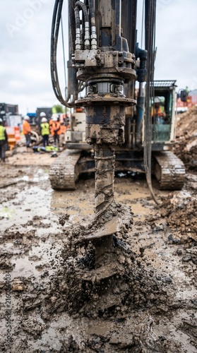 Heavy industrial drilling machine operating on a muddy construction site with workers in the background.