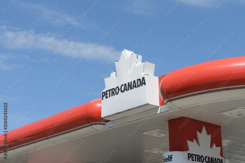 Fototapeta premium Petro-Canada logo sign on their gas bar canopy located here at 1750 Bloor St W, east of Keele St, Toronto