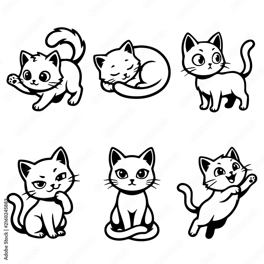 Fototapeta premium A collection of cute cartoon kitten illustrations in black and white line art style.