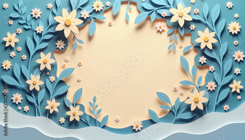 Gift card mockup with paper cut flower arrangement on blue background
