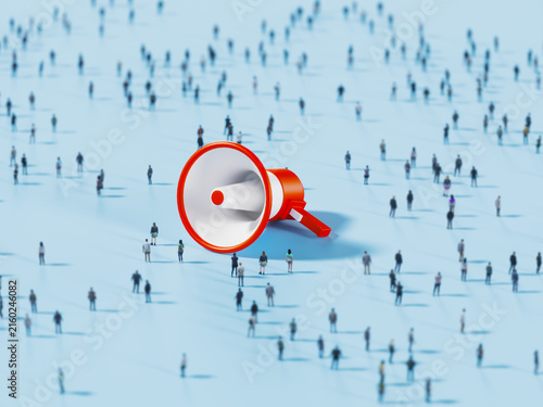 Red megaphone announcing a message to a large diverse crowd of people standing on a flat blue floor, representing communication and public awareness