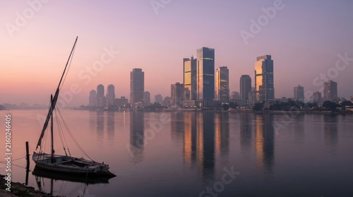 Islamic finance district skyline at dawn with felucca boat