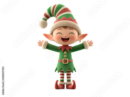 Smiling cartoon elf character wearing green costume isolated on white background