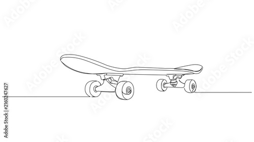 animated continuous line drawing of a skateboard, low angle view, minimal line art animation