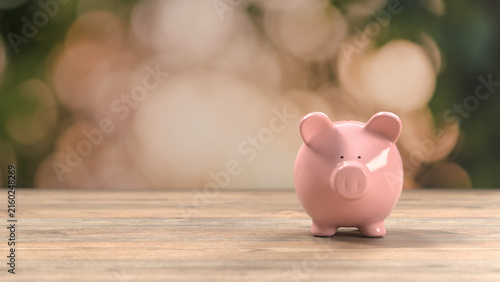 Pink piggy bank sitting on a wooden surface, showing financial savings and monetary growth concepts with a blurred green outdoor garden bokeh background