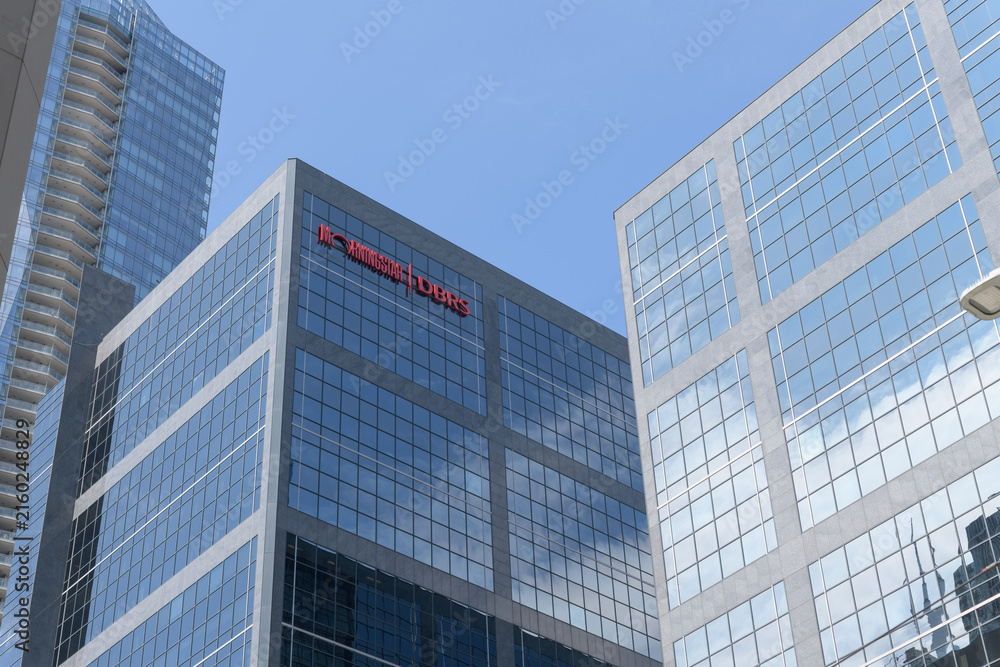 Fototapeta premium upward view of Morningstar DBRS Tower located at 181 University Av / 150 York St, Adelaide Place, Toronto
