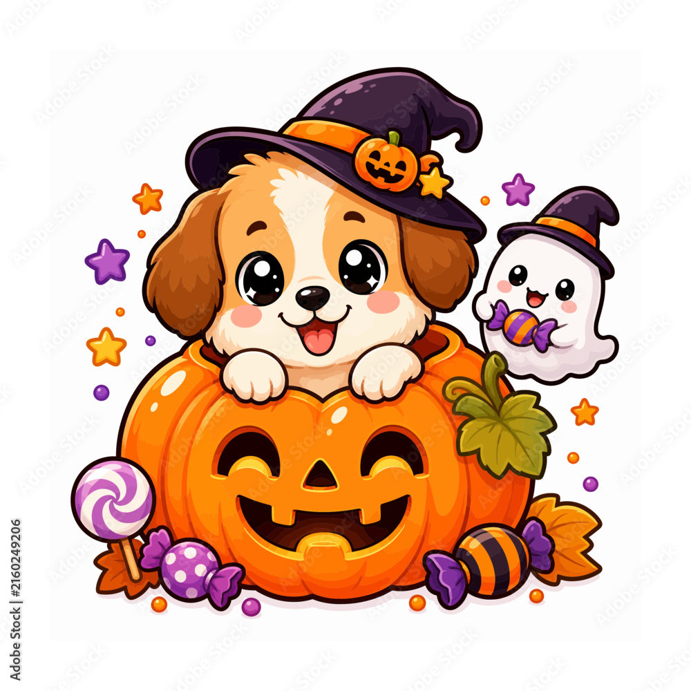 Fototapeta premium Adorable Halloween Cat Character Sitting Inside a Pumpkin
