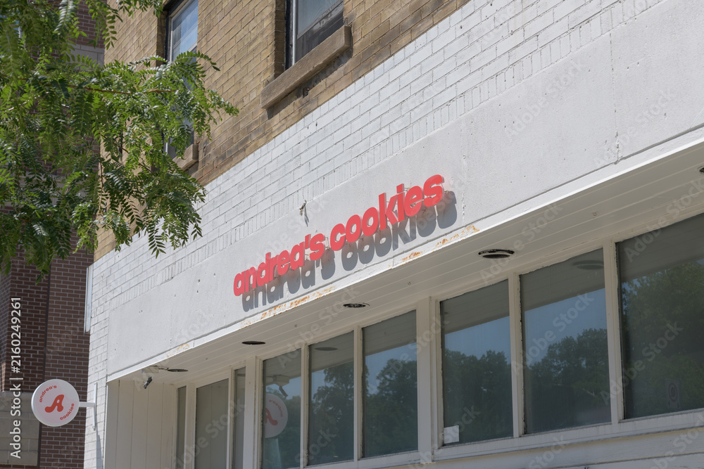 Naklejka premium exterior building facade and sign outside Andrea's Cookies, a cookie shop, located at 1632 Bloor St W, Toronto