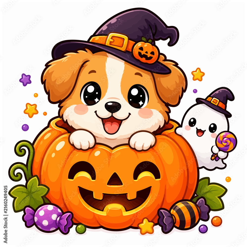 Fototapeta premium Adorable Chibi Dog Halloween Party Pumpkin Character Illustration