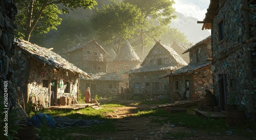 Rustic village landscape with stone buildings.