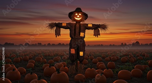Scarecrow standing in a pumpkin patch.
