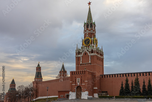 Spasskaya Tower on Red Square. The Spasskaya tower with chimes. The Moscow Kremlin and historical buildings. Cultural heritage of Russia