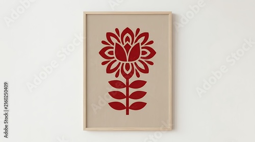 Abstract modern folk art style symmetrical red flower silhouette on a neutral beige backdrop for minimalist wall decor flower silhouette beige background folk art modern symmetrical floral ornament