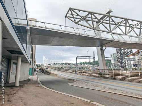 Urban highway overpass under cloudy sky for infrastructure and city planning projects