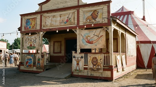 Vintage entertainment pavilion advertising banners featuring classic striped big top canvas and whimsical old fashioned performance announcements circus retro poster vintage carnival festival tent