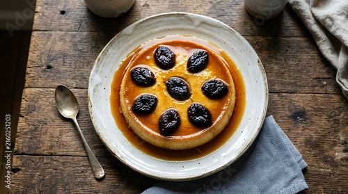 Top View of Traditional Flan Style Custard Dessert Baked with Dried Prunes Served on a Rustic Plate Over Table Background cake dessert flan custard prunes dried plums plum baked traditional sweet