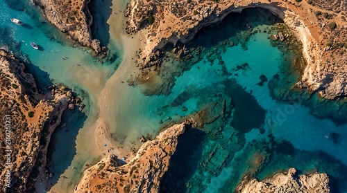Aerial view of turquoise lagoon with rocky coastline and sandy beach shore