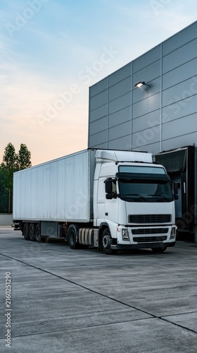 White semi truck parked at a loading dock of a grey warehouse building in bright daylight with blue sky and trees nearby