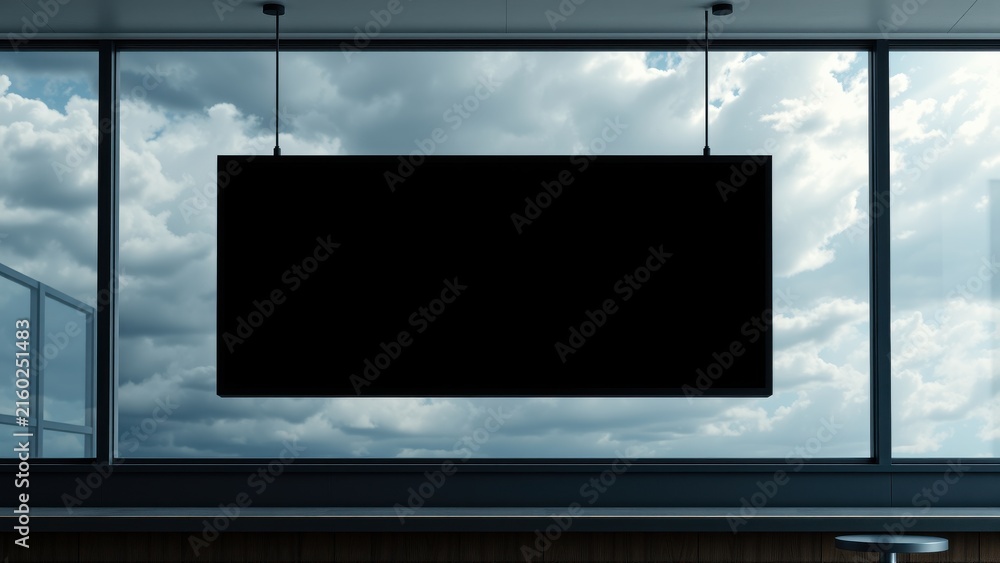 Fototapeta premium Minimalist interior features blank black canvas suspended before large window, cloudy sky visible. Modern design, simple aesthetic.