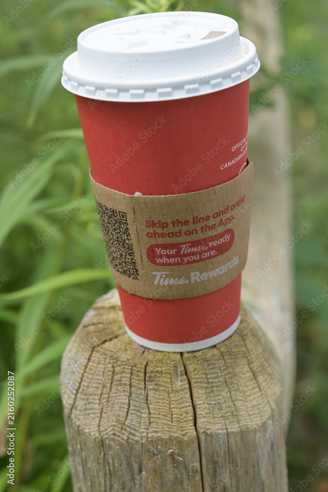 Naklejka premium discarded Tim Hortons beverage cup on a post along a trail in the woods, Toronto