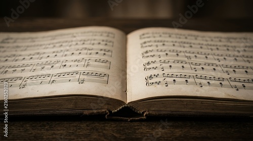 Macro perspective of an open vintage music book in a softly illuminated dark space showcasing detailed musical notes and aged paper texture music sheet notes score book open close-up vintage paper