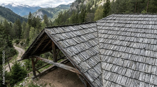 High angle perspective of a rustic shelter covering composed of worn silver timber tiles highlighting the authentic surface grain weathered gray wood shingle roof overhead view aged timber tile