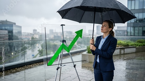 Female Professional Sheltering an Ascending Progress Chart Arrow with an Enormous Umbrella for Investment Security and Risk Mitigation business woman umbrella arrow growth protection financial risk