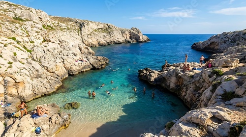 People swimming in a turquoise Mediterranean sea cove surrounded by rocky cliffs