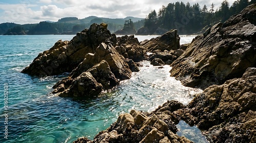 Rugged rocky coastline with turquoise ocean water and distant hills at sunset