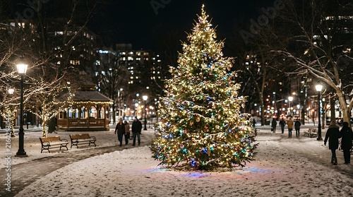 Illuminated festive holiday evergreen glowing in an urban public park setting during nighttime creating a seasonal celebratory landscape night christmas tree park illuminated landscape holiday scene