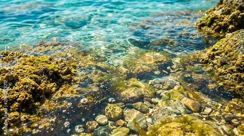 Clear turquoise sea water flowing over rocky shore with pebbles and mossy stones