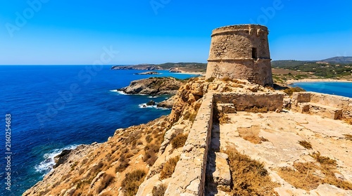 Ancient stone watchtower on a Mediterranean cliff overlooking the blue sea