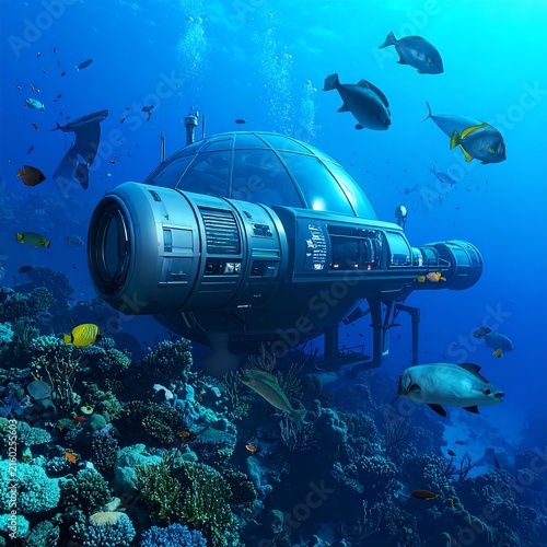 Underwater vehicle exploring coral reef ecosystem.