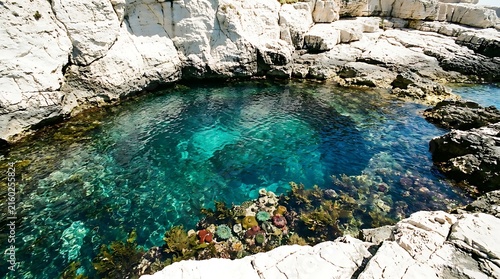 Clear turquoise natural rock pool surrounded by white limestone cliffs at the seaside