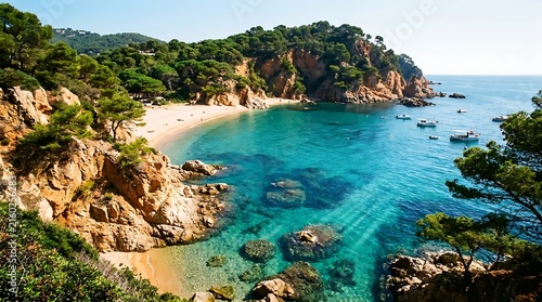 Scenic Mediterranean cove with turquoise water, sandy beach and rocky cliffs in summer.