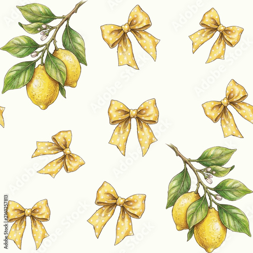 Mediterranean style seamless vector pattern with botanical lemons and ribbons