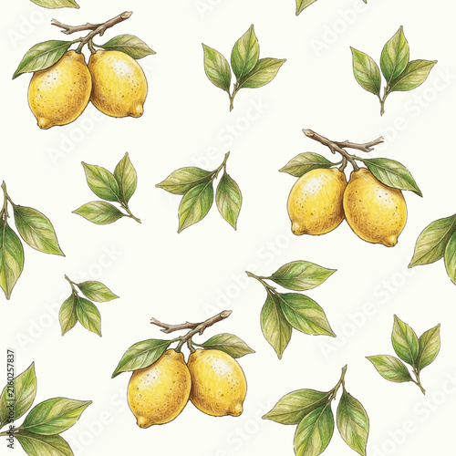 Mediterranean style seamless vector pattern with botanical lemons