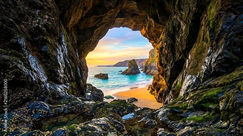 Scenic view from inside a dark sea cave looking out to a tropical beach at sunset