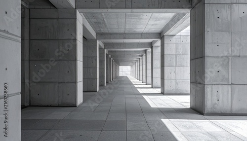 Minimal concrete corridor with strong perspective lines and soft daylight