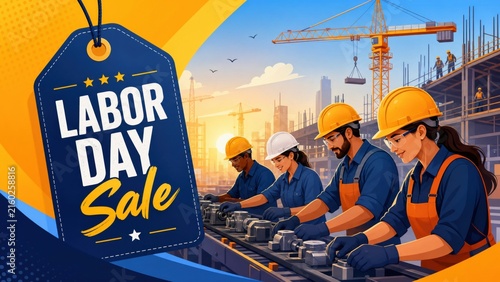 Construction workers taking break during labor day sale event with machinery background