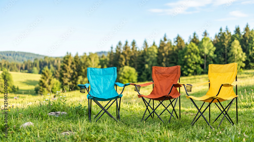 Fototapeta premium Colorful camping chairs for outdoor seating in a scenic field 