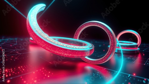 Abstract glowing rings, red and cyan hues, digital grid background. Reflective surface creates futuristic visual impact.