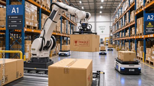 Automated robotic arm lifting fragile cardboard box in modern fulfillment center. Smart warehouse technology using autonomous mobile robots for logistics and inventory management.
