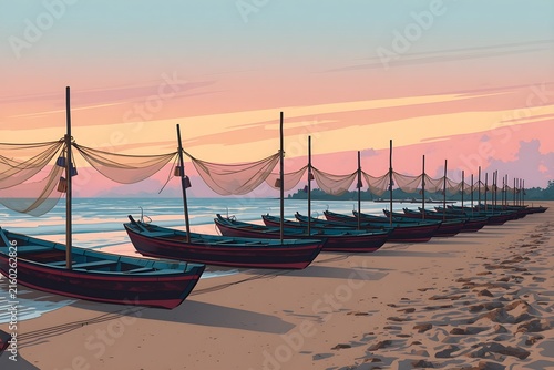 Illustration of fishing boats lined up on beach at sunset