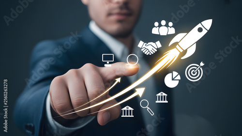 Business Startup Launch Concept With Rocket Icon, Innovation, Technology and Digital Growth Visualization